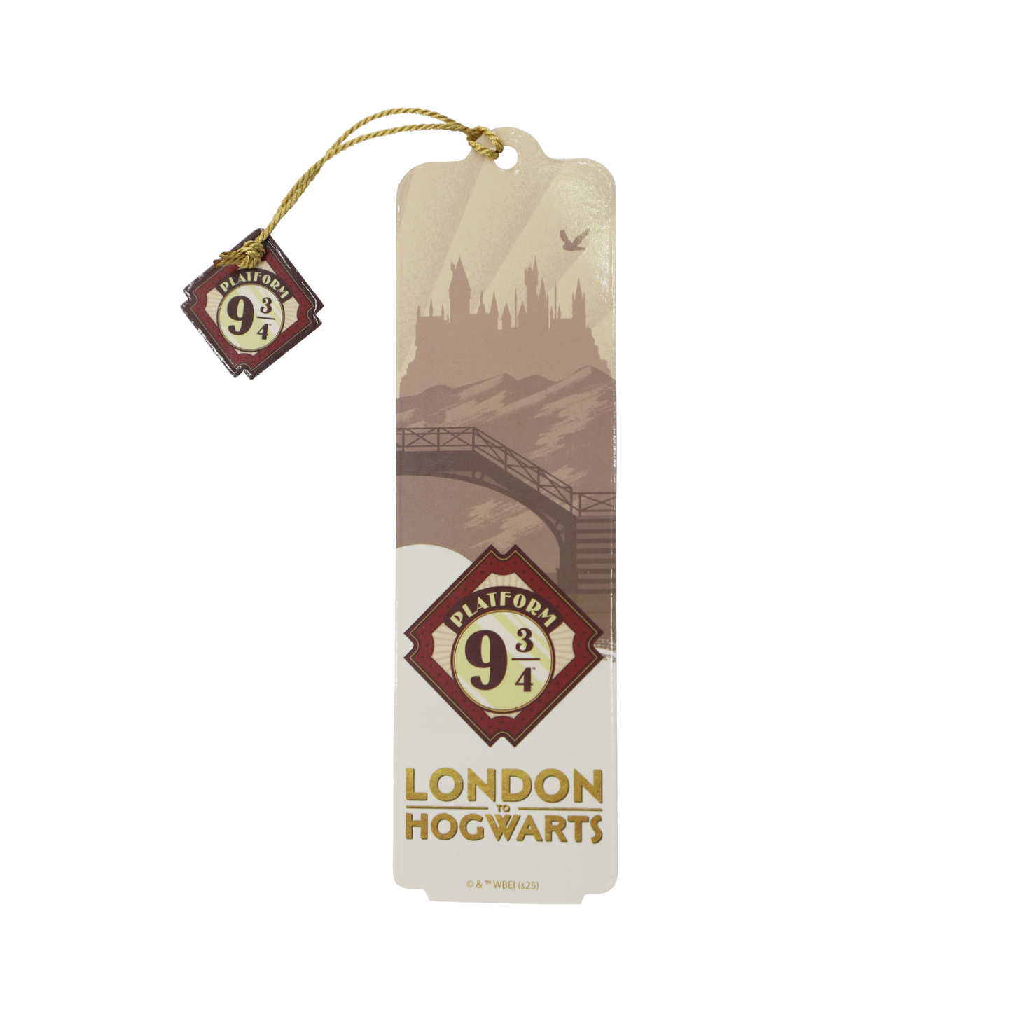Bookmark with Platform 9 3/4 design and London Hogwarts text on a transparent background