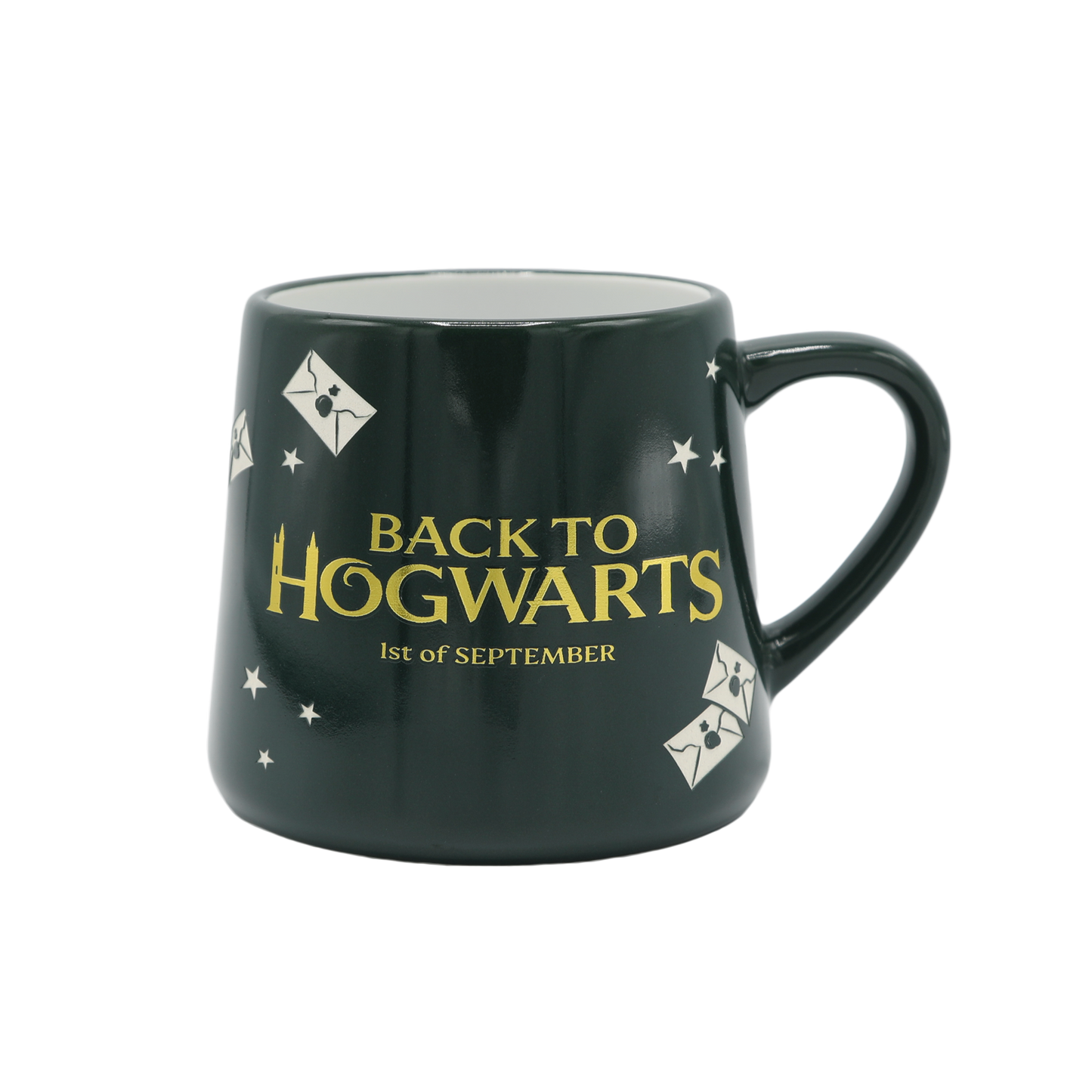 Dark green mug with 'Back to Hogwarts' text and design elements on a transparent background
