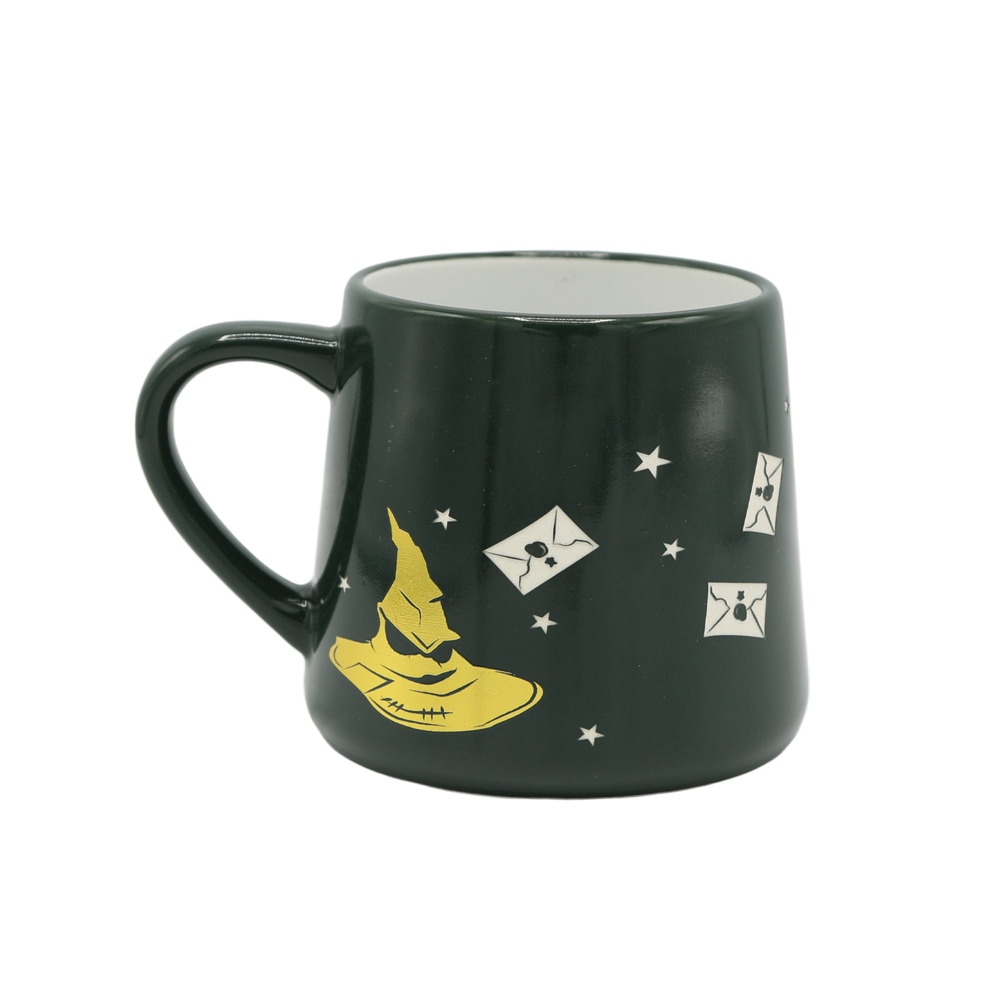 Dark green mug with yellow sorting hat and white acceptance letters on a transparent background