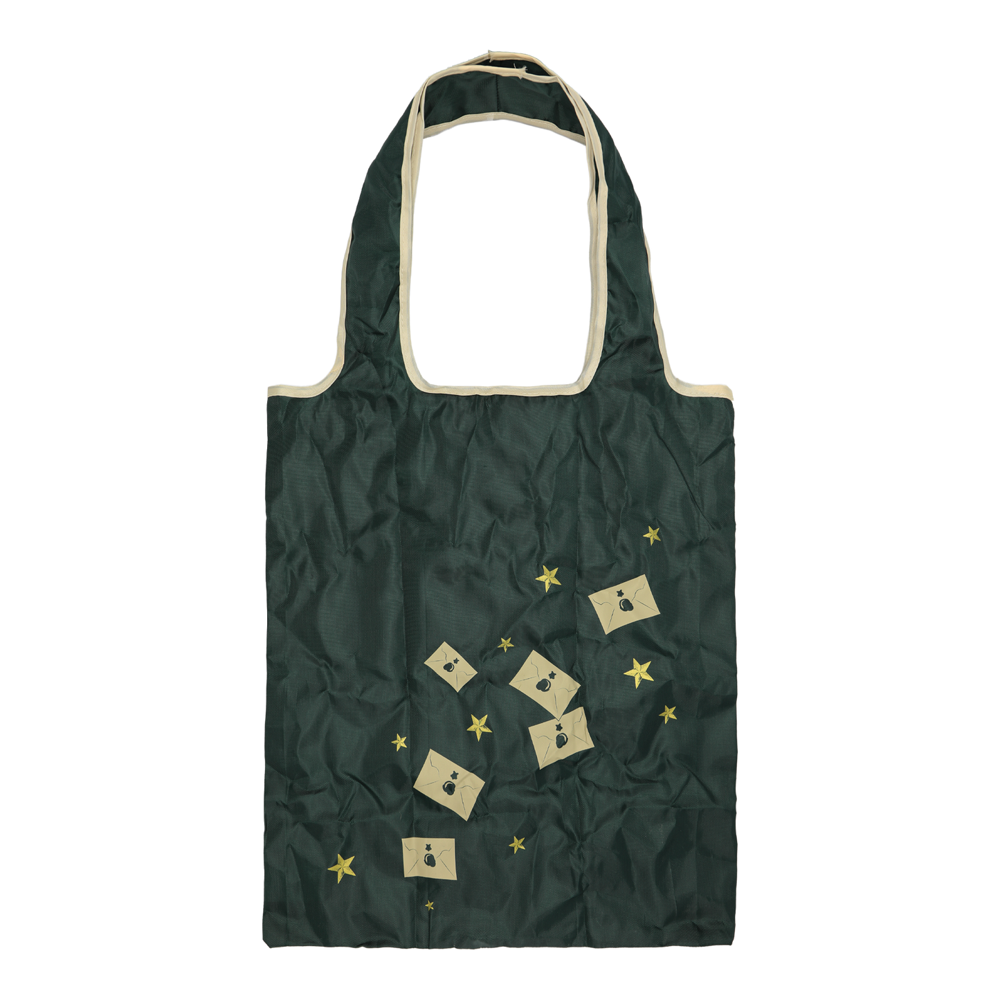 Green reusable bag with beige accents and acceptance letter pattern