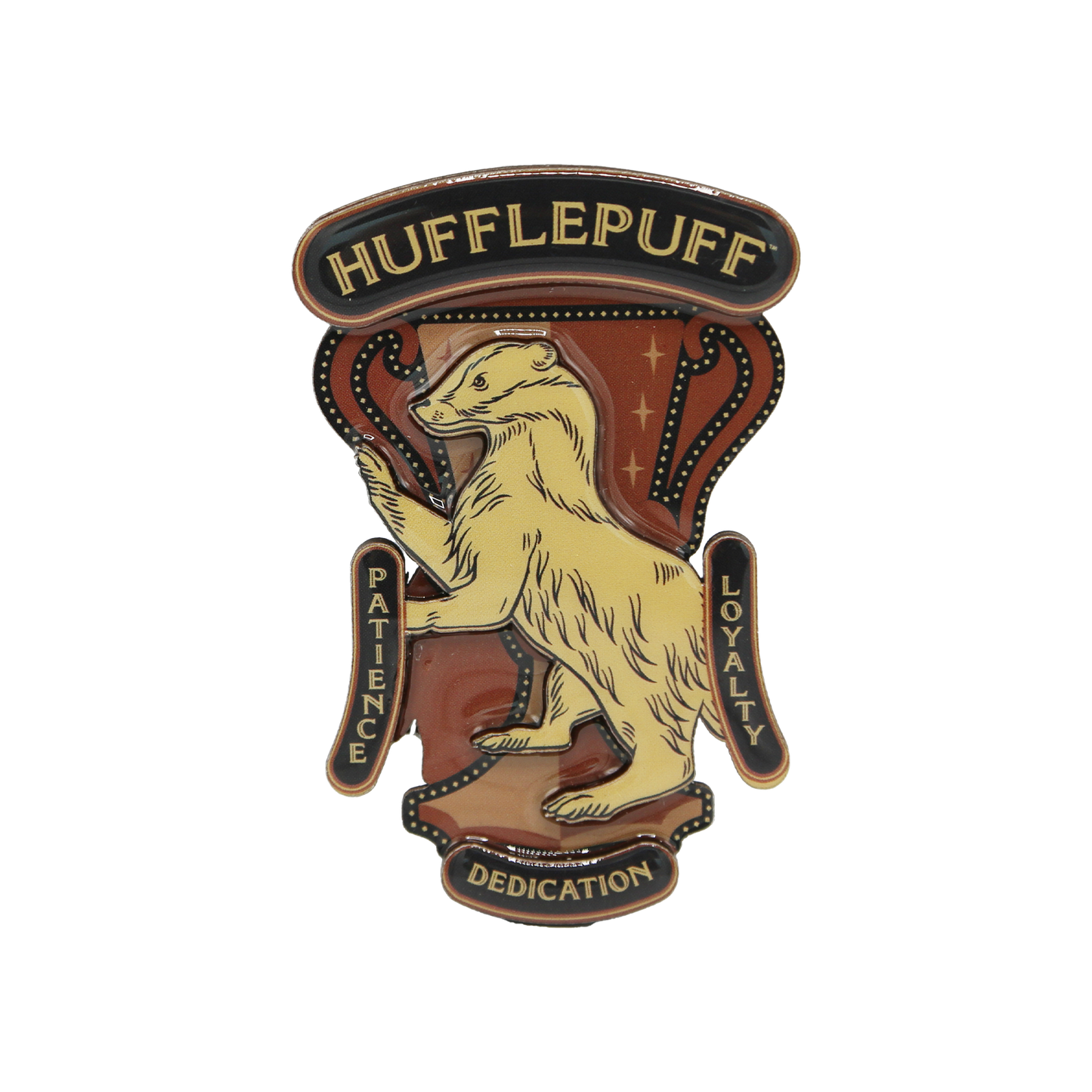 Hufflepuff magnet with badger emblem and text on a white background