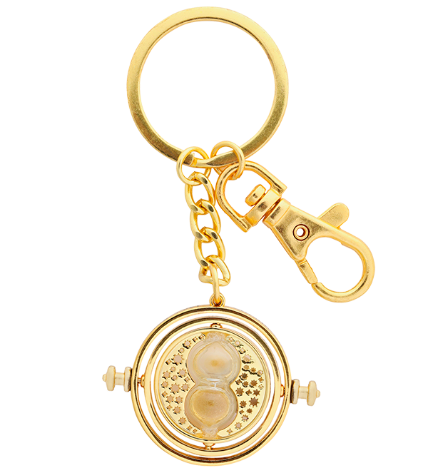 A gold-colored keychain replica of Hermione's Time-Turner from Harry Potter, featuring a clock-like device with a golden-plated hook.