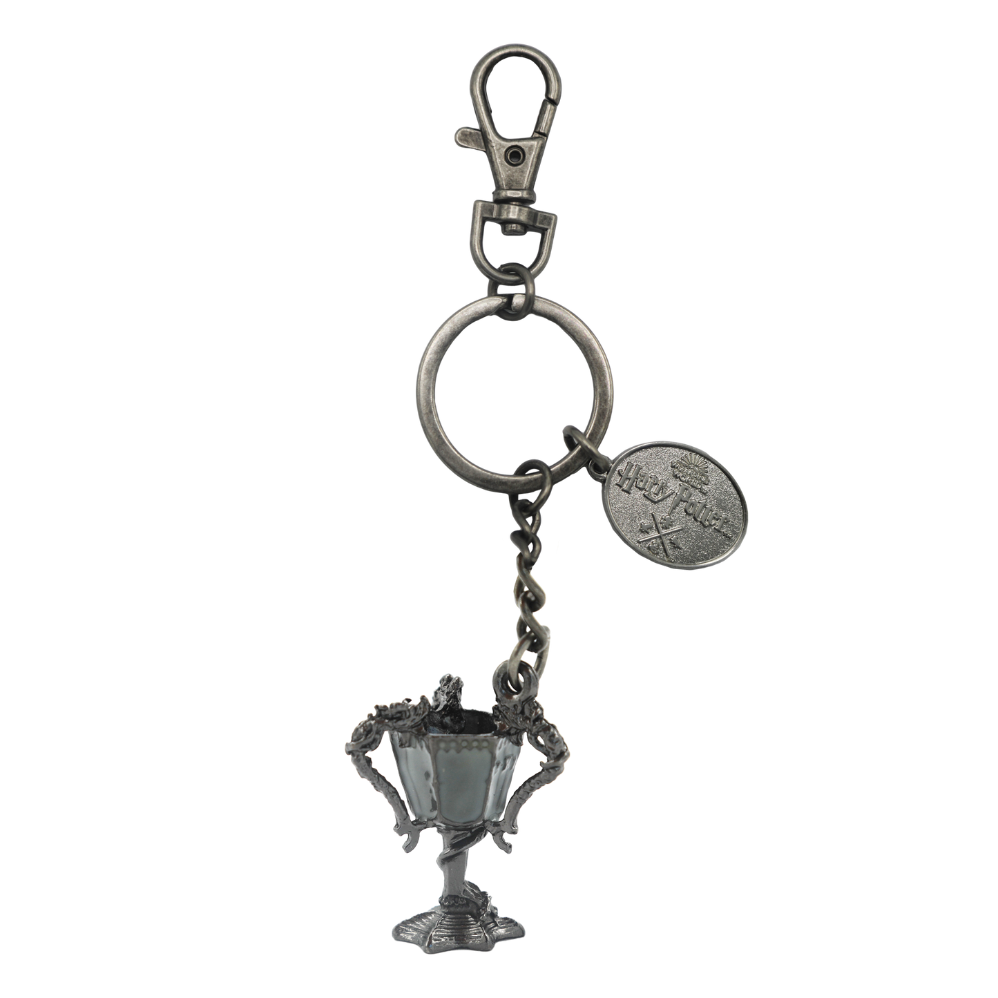 Silver trophy-shaped keychain with a tag on a white background