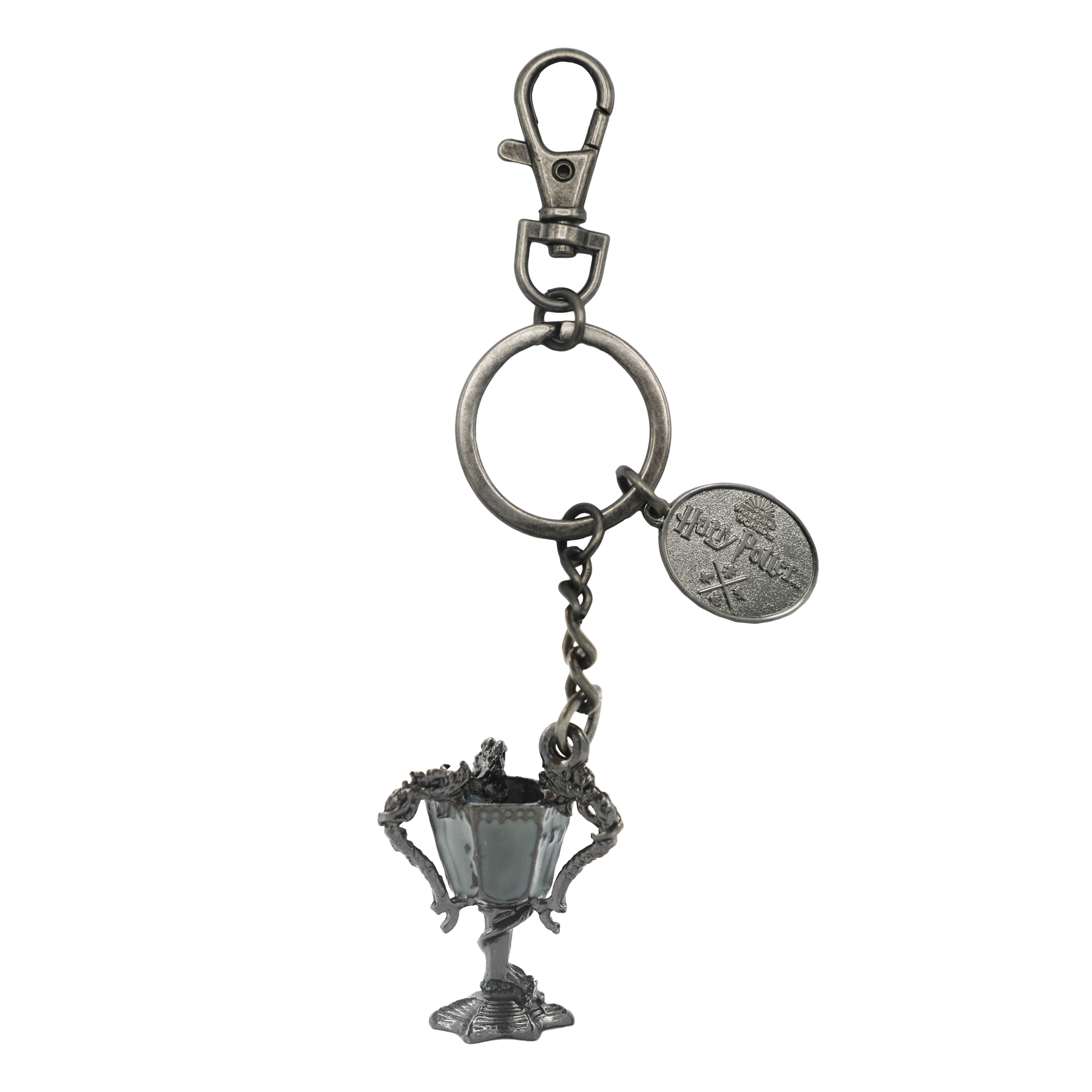 Silver trophy-shaped keychain with a tag on a white background