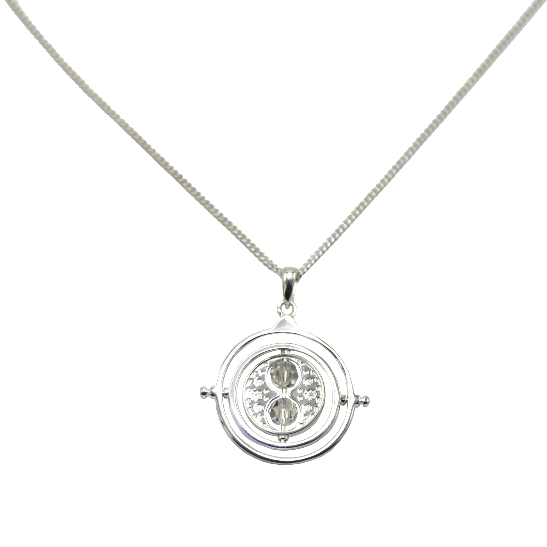 Silver necklace with a round Time Turner pendant on a white background