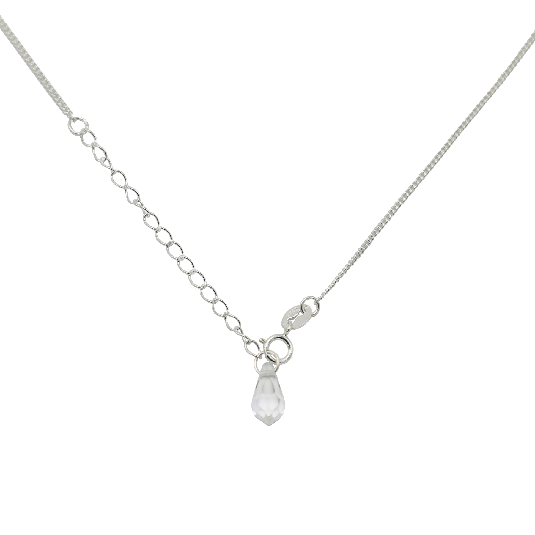Silver necklace with a teardrop-shaped pendant on a white background