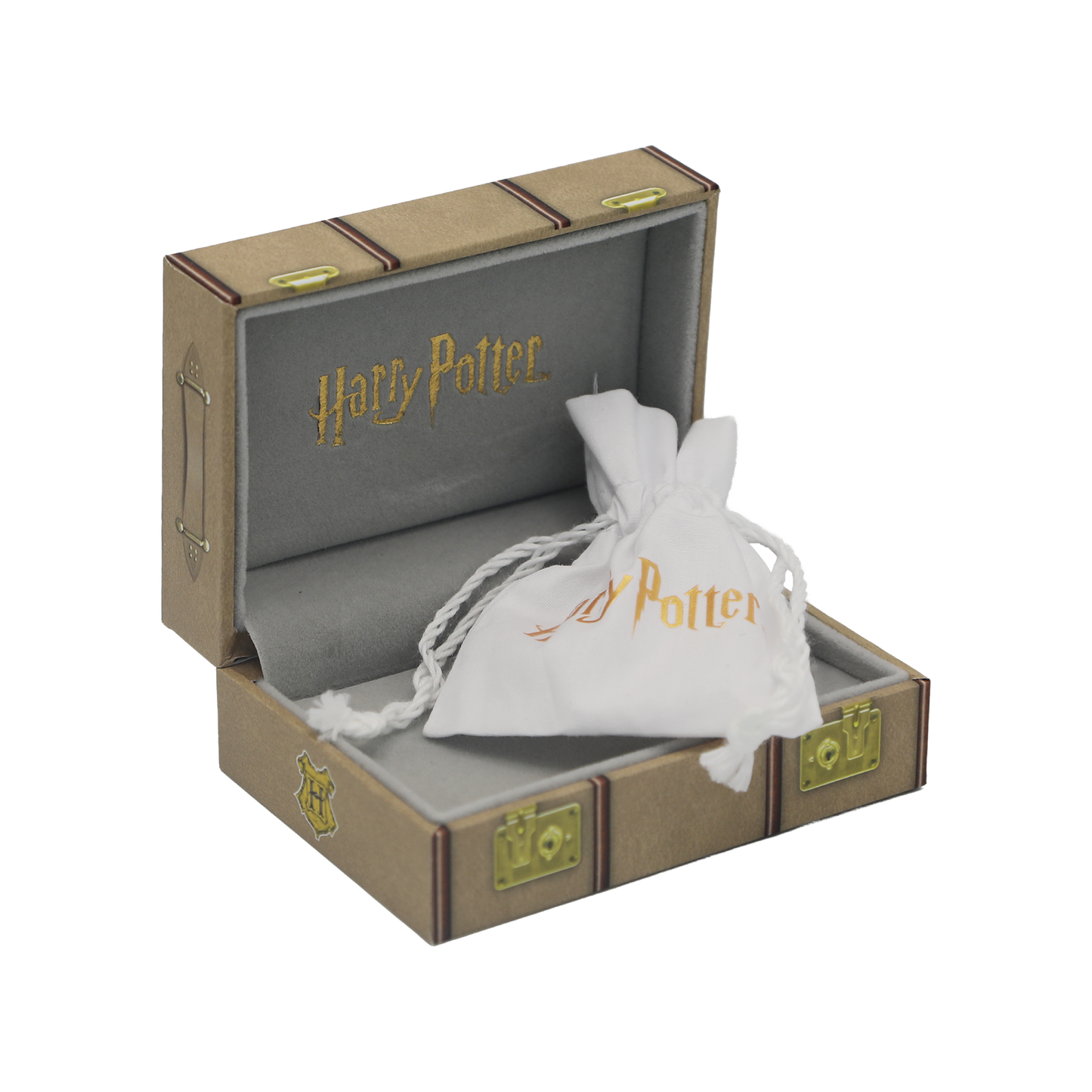 Harry Potter jewelry box with a drawstring bag inside on a white background