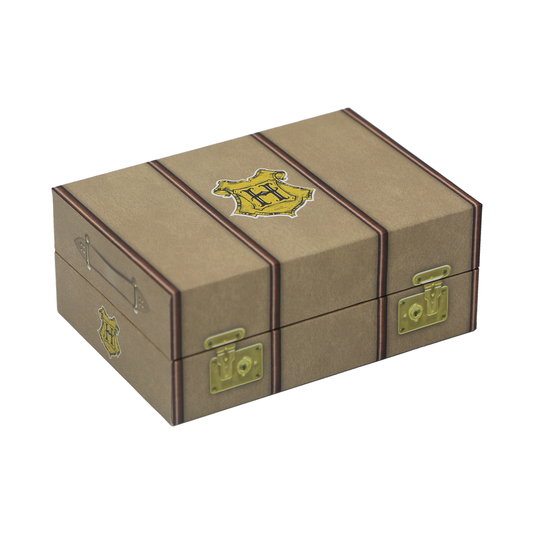 Brown trunk storage box with gold accents and a Hogwarts crest on a white background