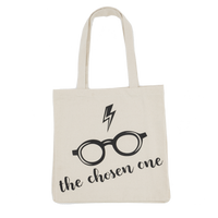Tote bag with glasses and lightning bolt design on a white background