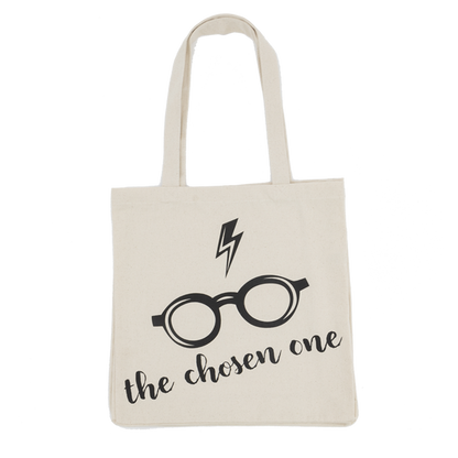 Tote bag with glasses and lightning bolt design on a white background