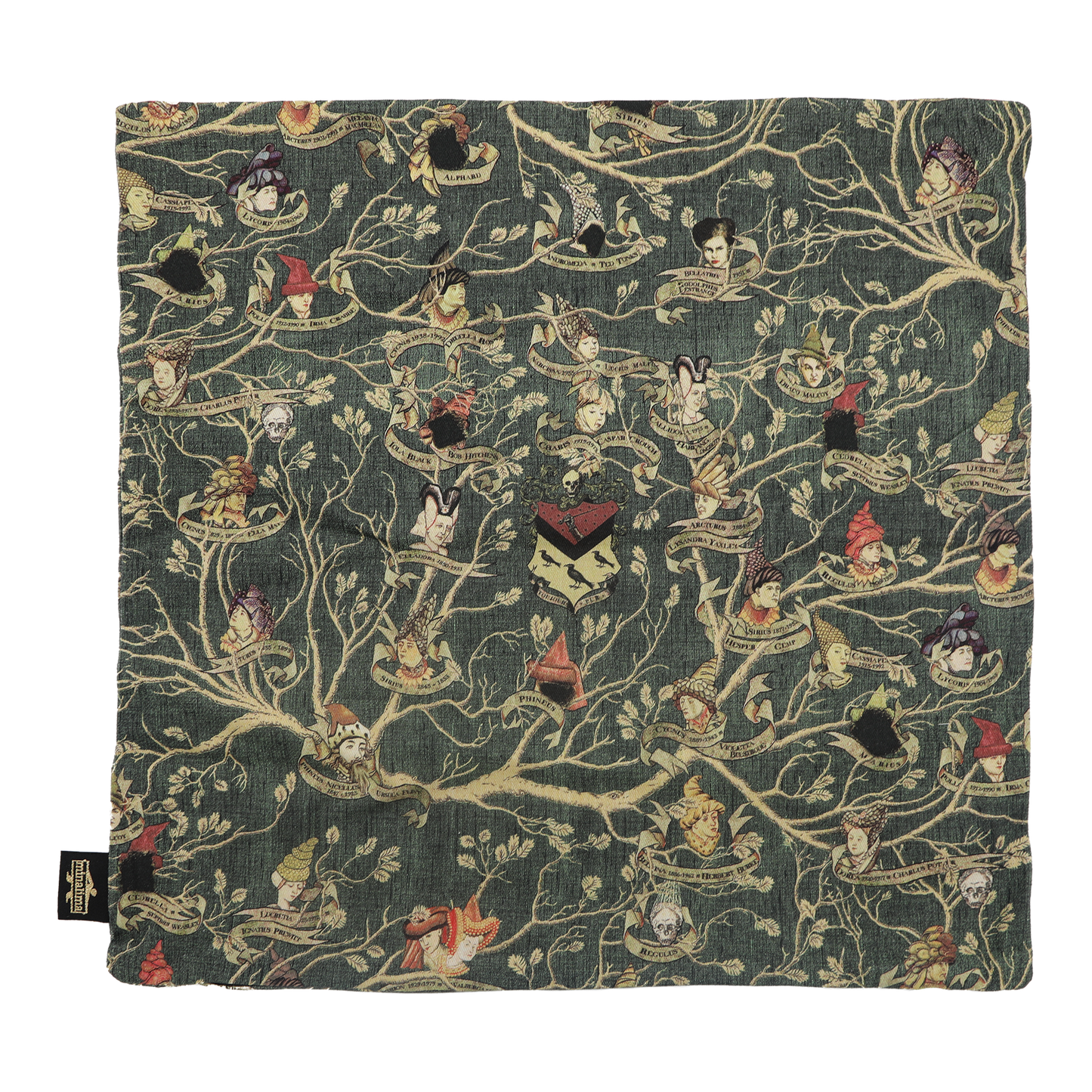 Fabric with intricate pattern of characters and branches on a dark green background