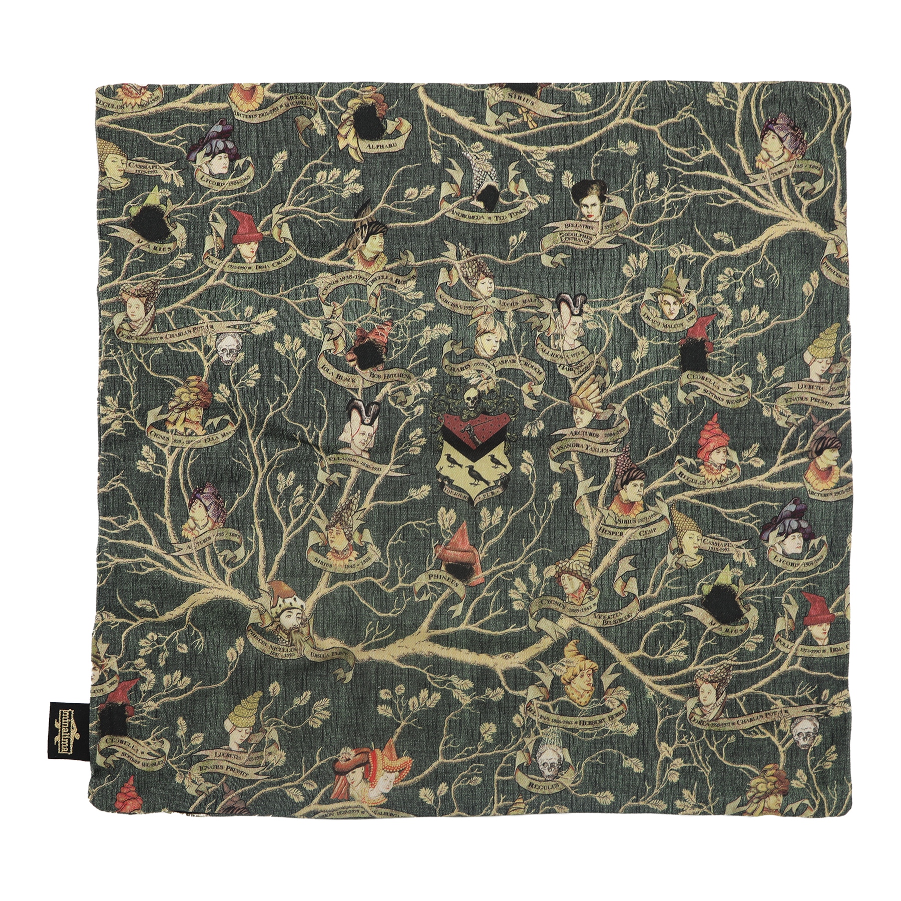 Fabric with intricate pattern of characters and branches on a dark green background