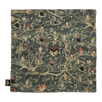 Fabric with intricate pattern of characters and branches on a dark green background