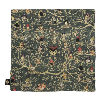 Fabric with intricate pattern of characters and branches on a dark green background