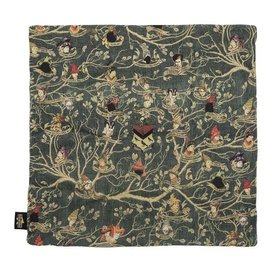 Fabric with intricate pattern of characters and branches on a dark green background