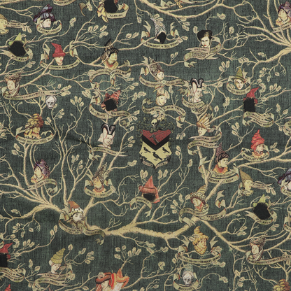 Textile pattern with illustrated characters and text on a dark green background