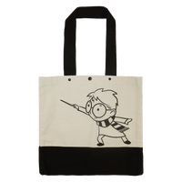 Tote bag with a black and white illustration of Harry Potter on a beige background