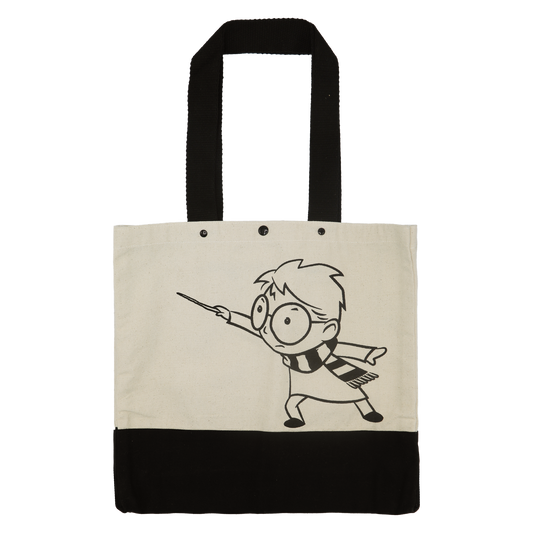 Tote bag with a black and white illustration of Harry Potter on a beige background