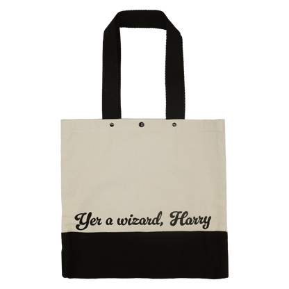 Tote bag with 'Yer a wizard, Harry' text on a white background