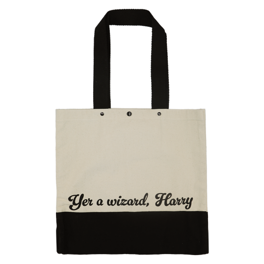 Tote bag with 'Yer a wizard, Harry' text on a white background