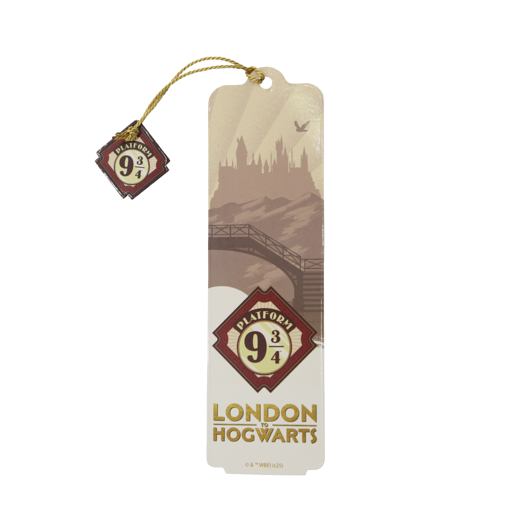 Bookmark with Platform 9 3/4 design and London Hogwarts text on a transparent background