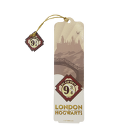 Bookmark with Platform 9 3/4 design and London Hogwarts text on a transparent background