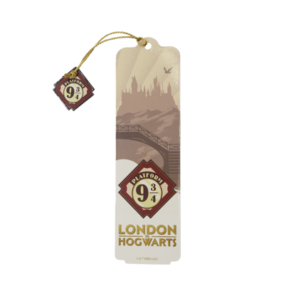 Bookmark with Platform 9 3/4 design and London Hogwarts text on a transparent background