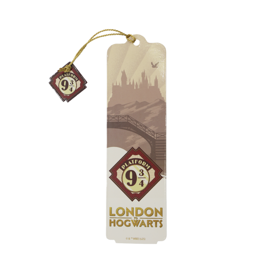 Bookmark with Platform 9 3/4 design and London Hogwarts text on a transparent background
