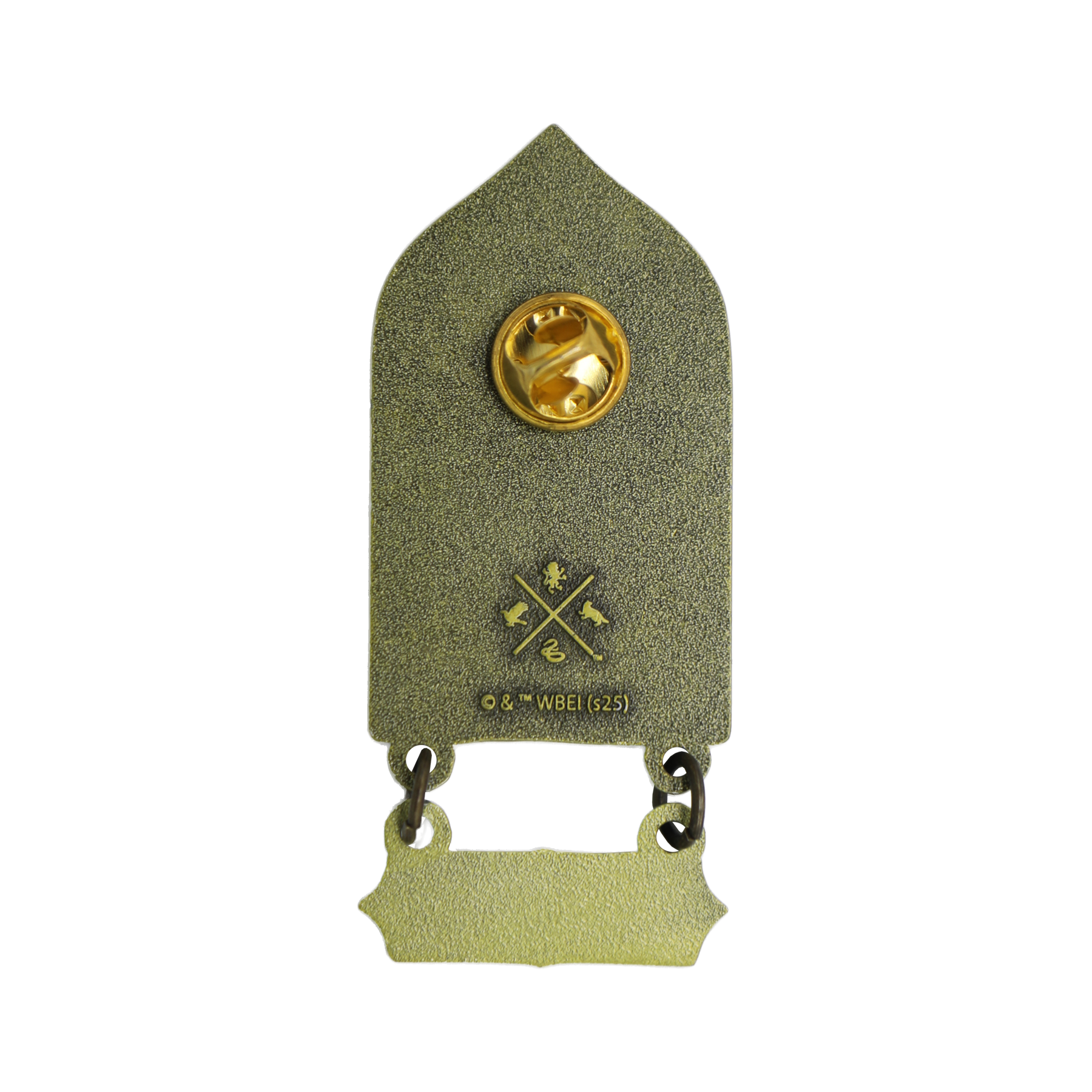 Back of the Back to Hogwarts pin with a gold logo on a transparent background