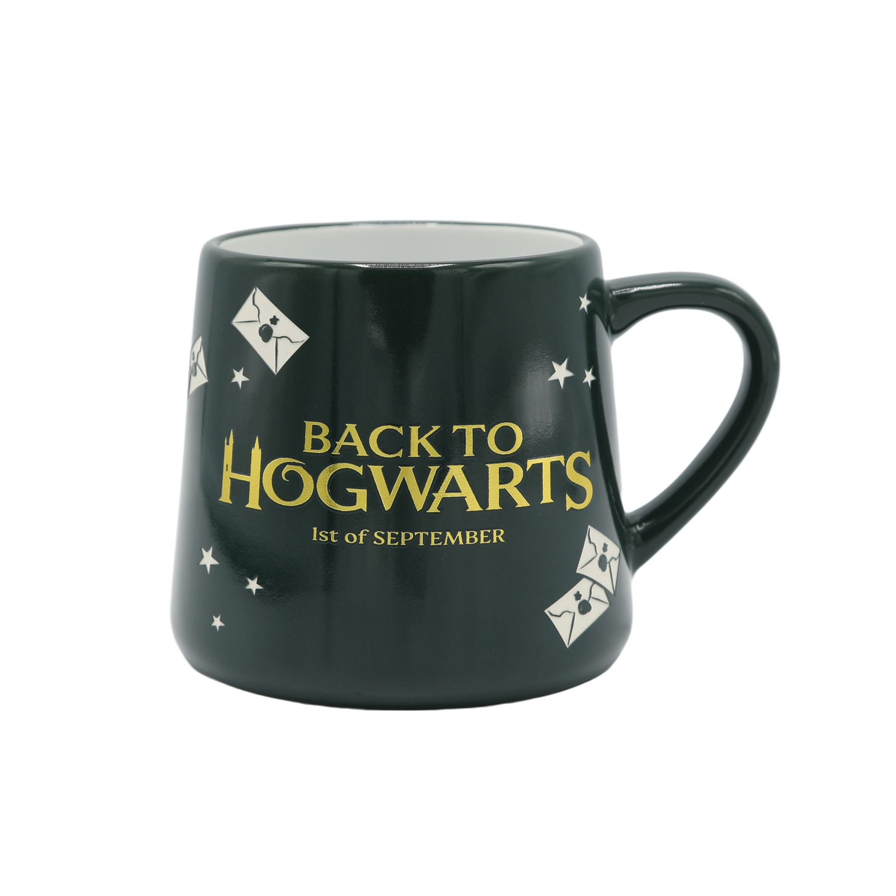 Dark green mug with 'Back to Hogwarts' text and design elements on a transparent background