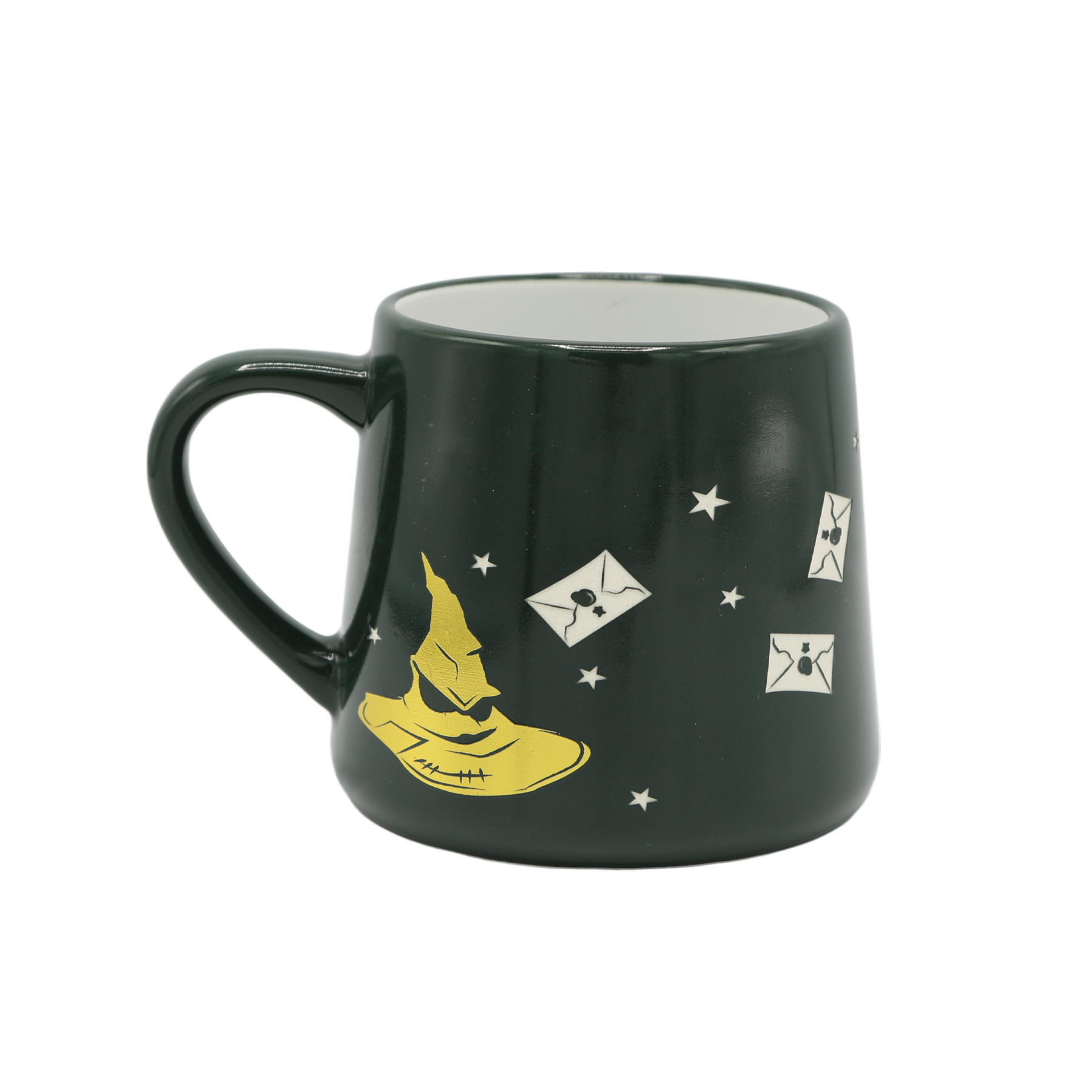 Dark green mug with yellow sorting hat and white acceptance letters on a transparent background
