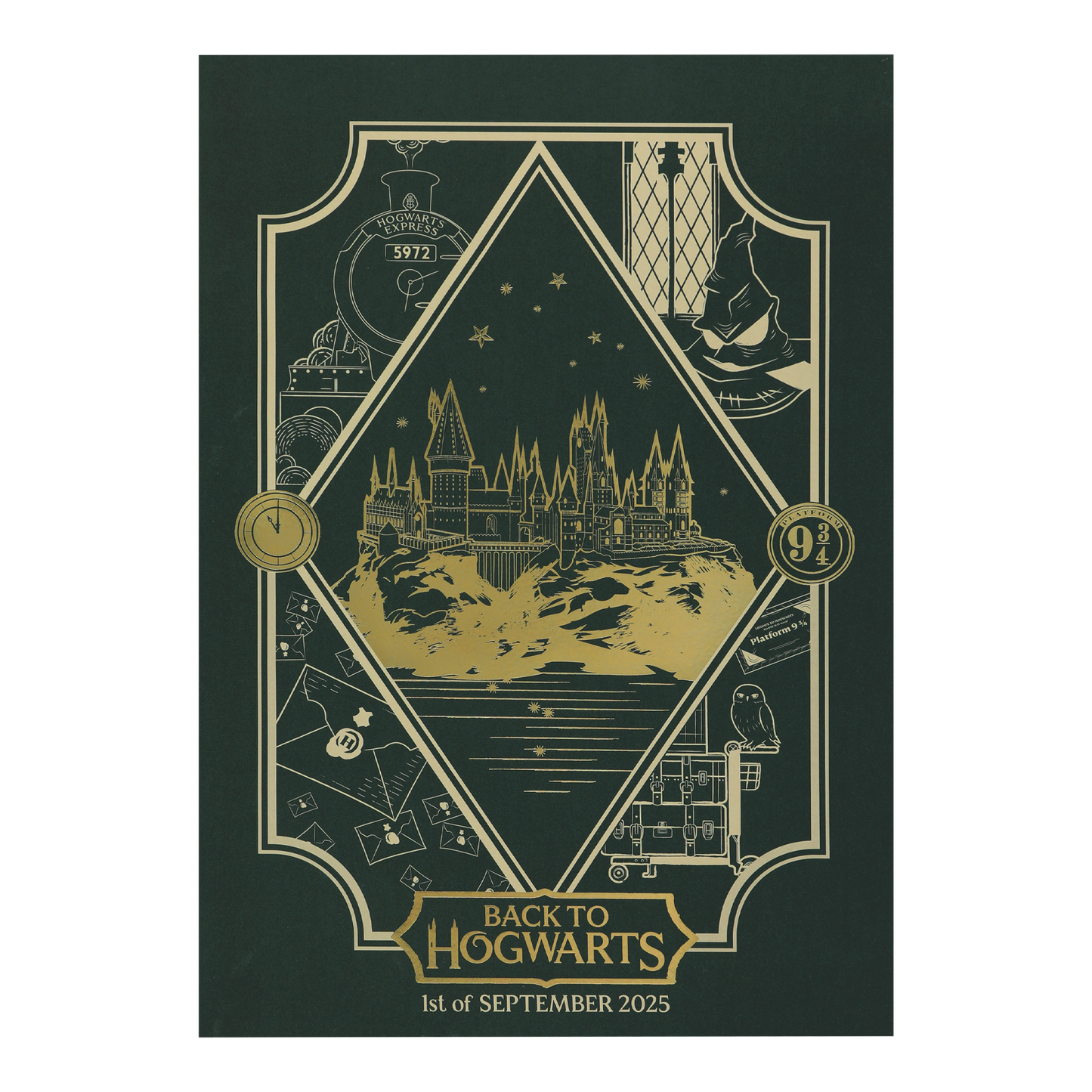 Decorative poster with gold illustration of Hogwarts castle on a green background