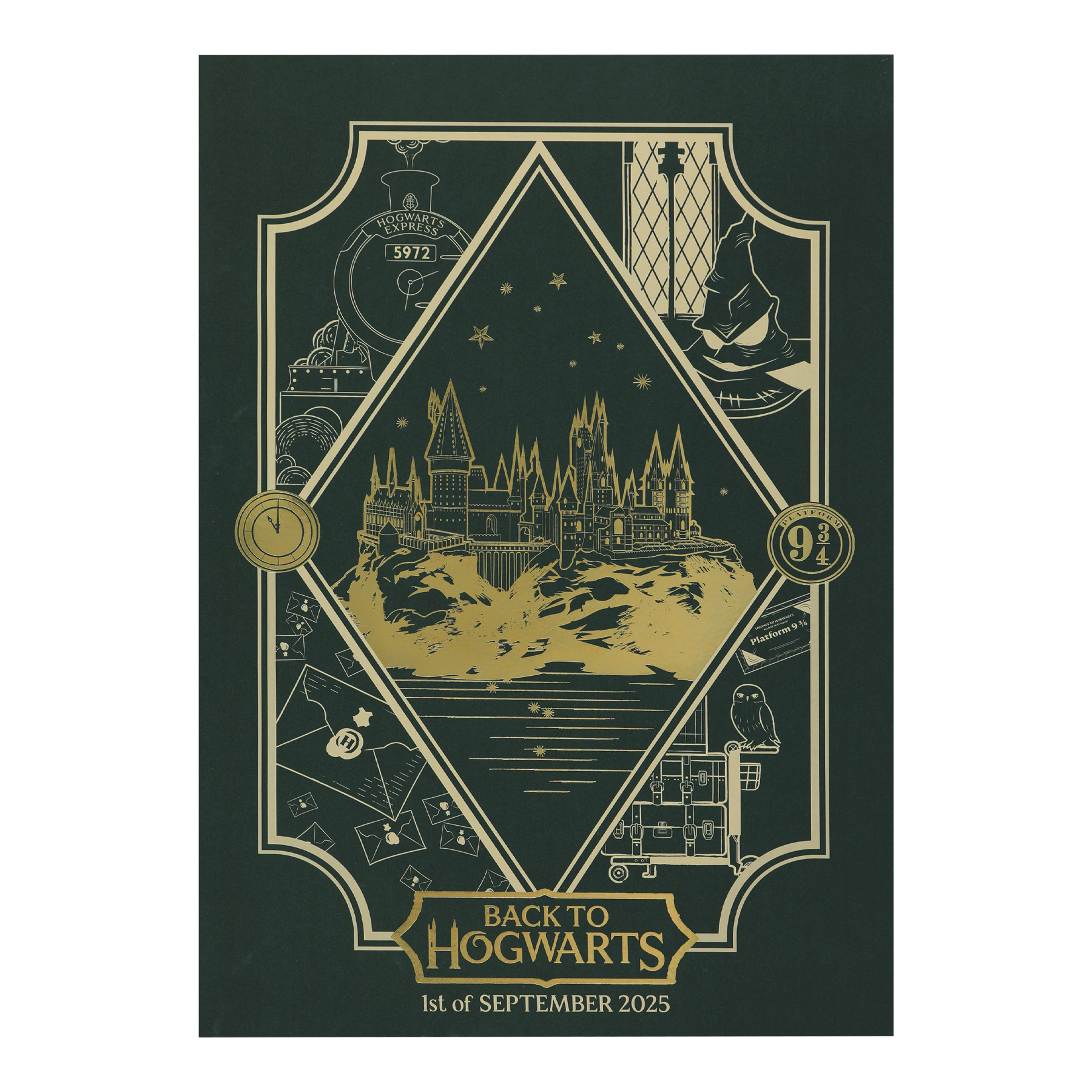 Decorative poster with gold illustration of Hogwarts castle on a green background