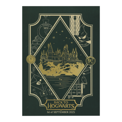 Decorative poster with gold illustration of Hogwarts castle on a green background