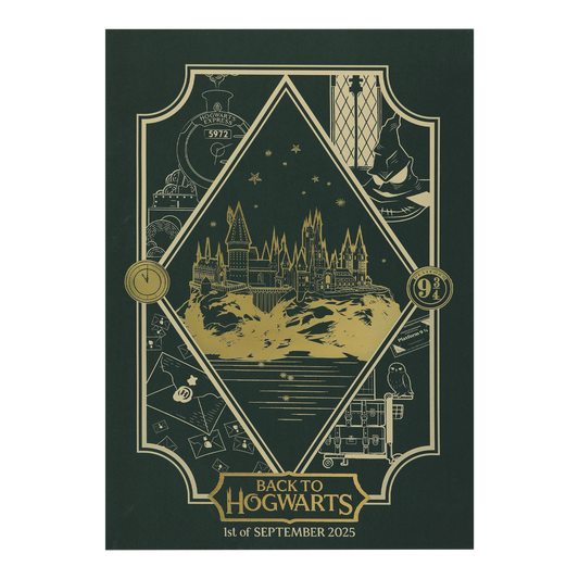 Decorative poster with gold illustration of Hogwarts castle on a green background