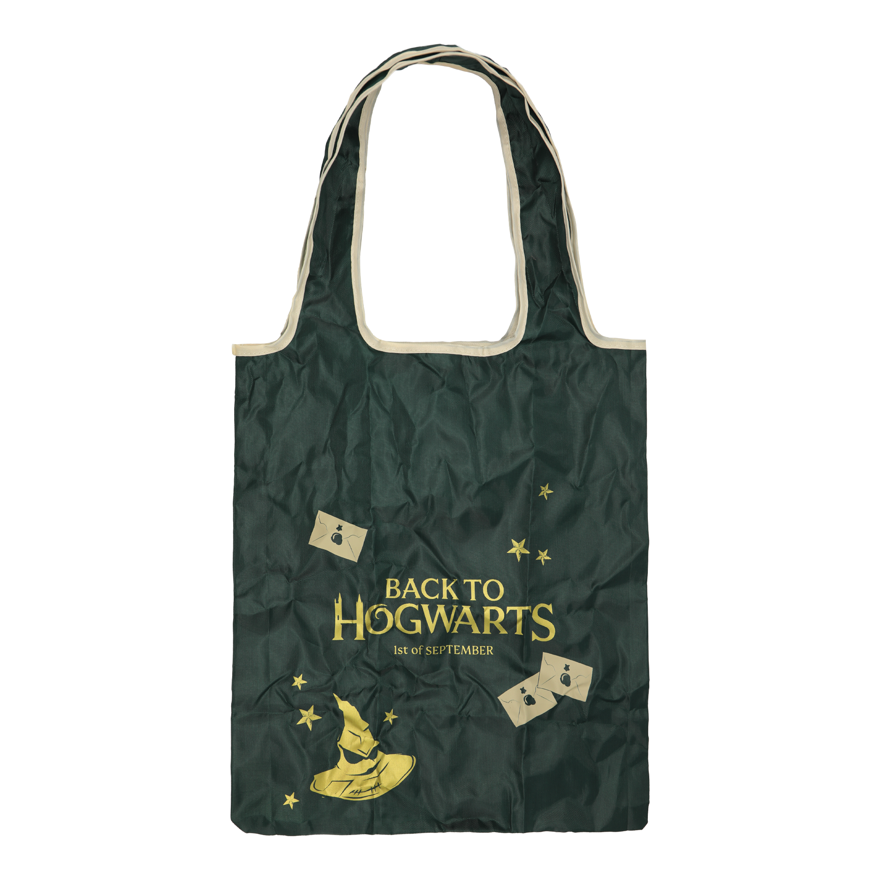Green tote bag with 'Back to Hogwarts' text and wizard-themed graphics