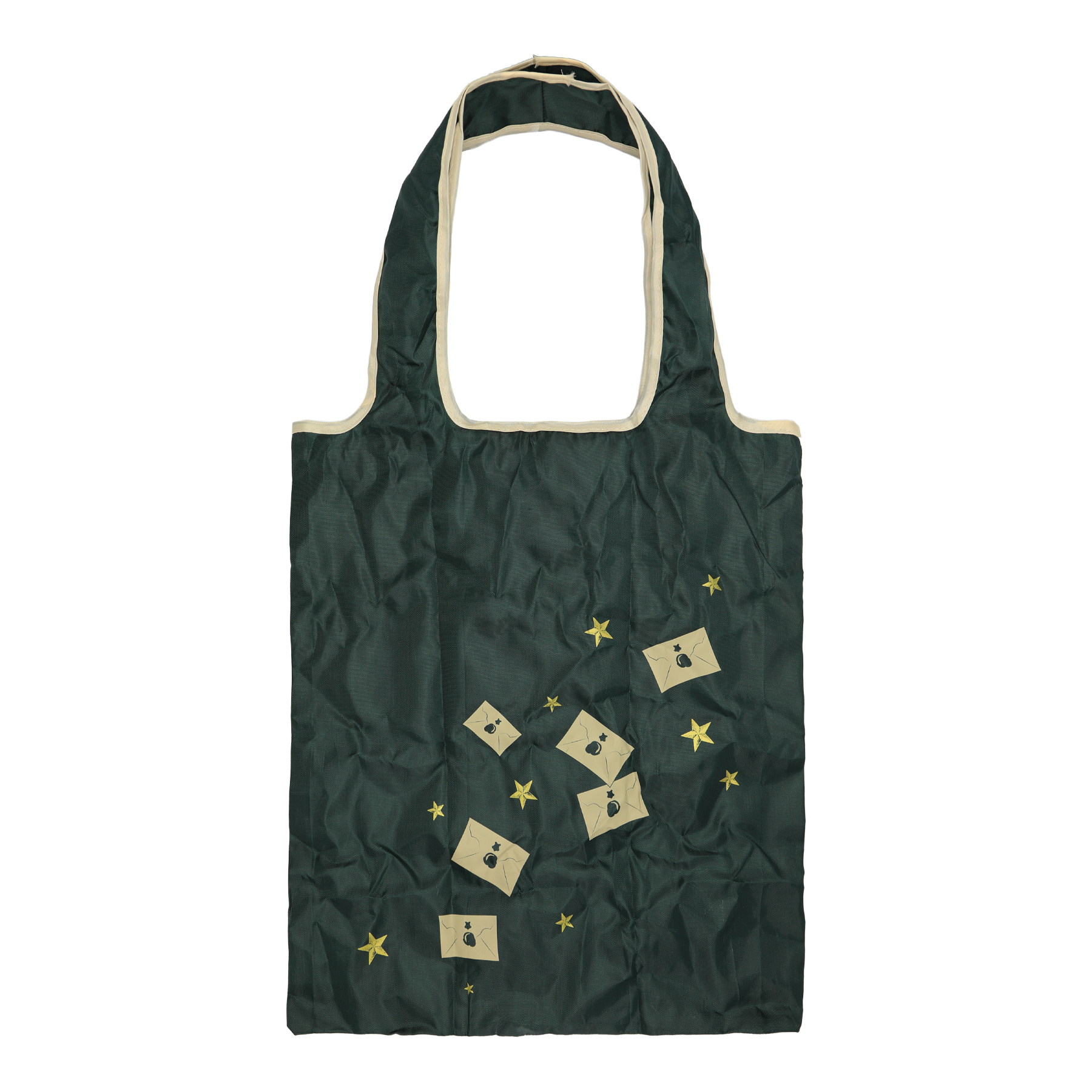 Green reusable bag with beige accents and acceptance letter pattern