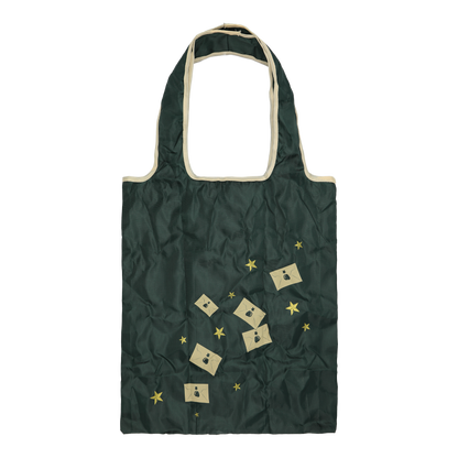 Green reusable bag with beige accents and acceptance letter pattern