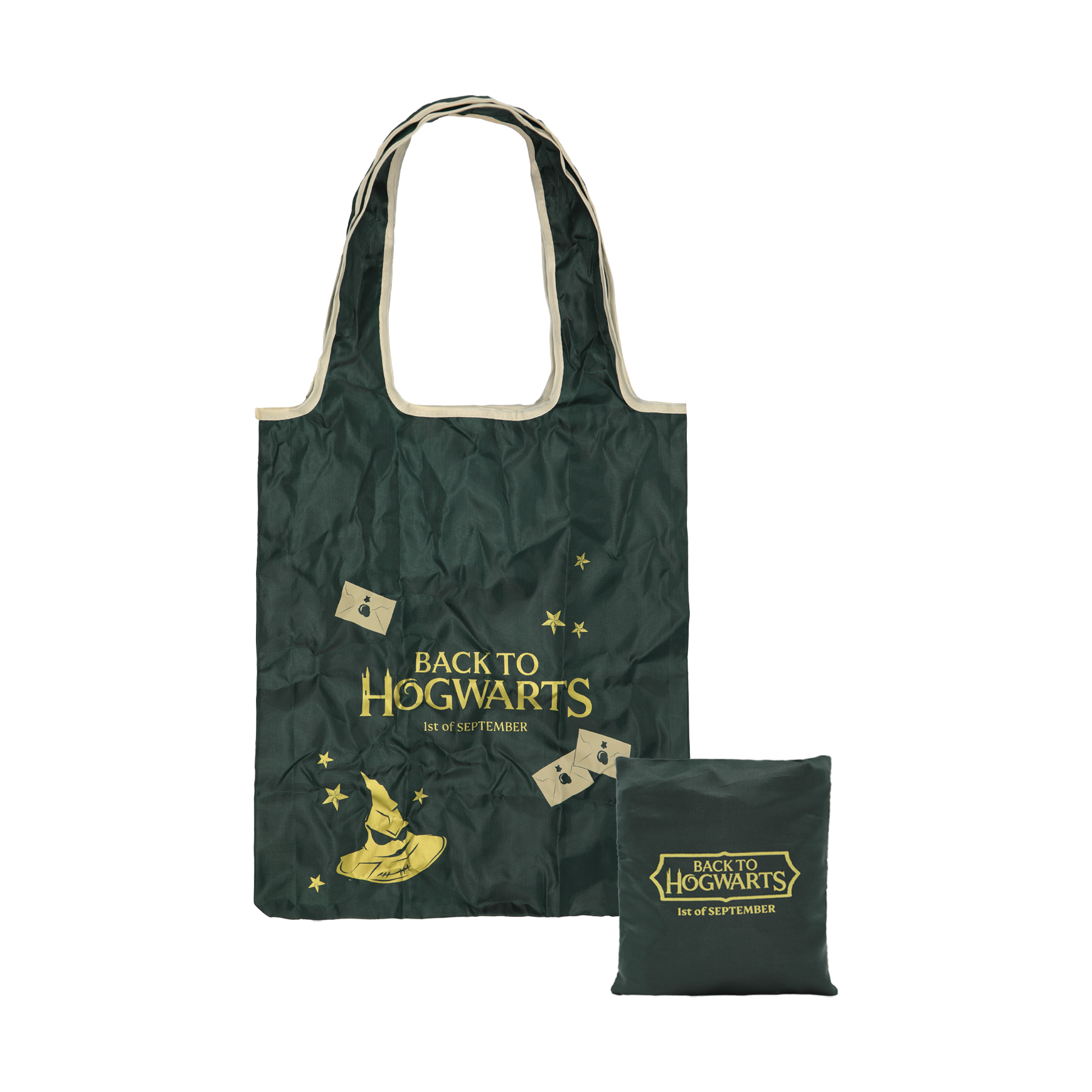 Green tote bag with 'Back to Hogwarts' text and sorting hat graphic