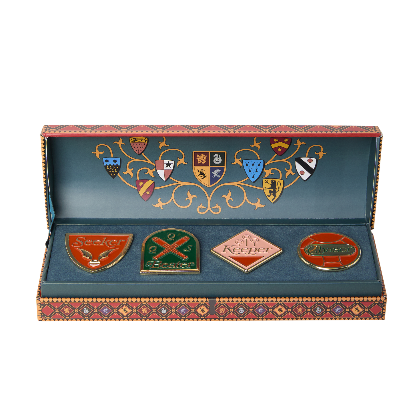 Set of four Quidditch emblems in a decorative box with intricate designs