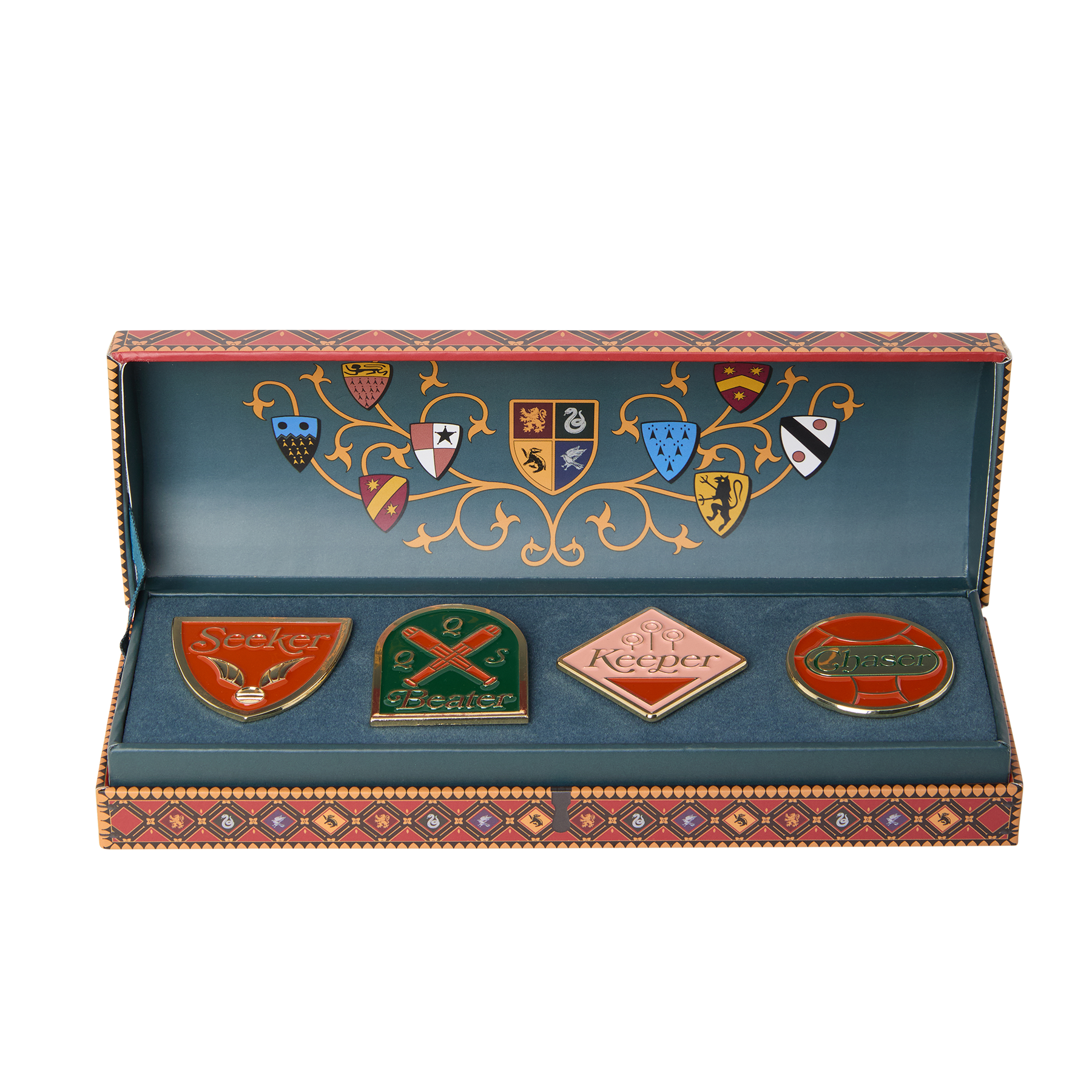 Set of four Quidditch emblems in a decorative box with intricate designs