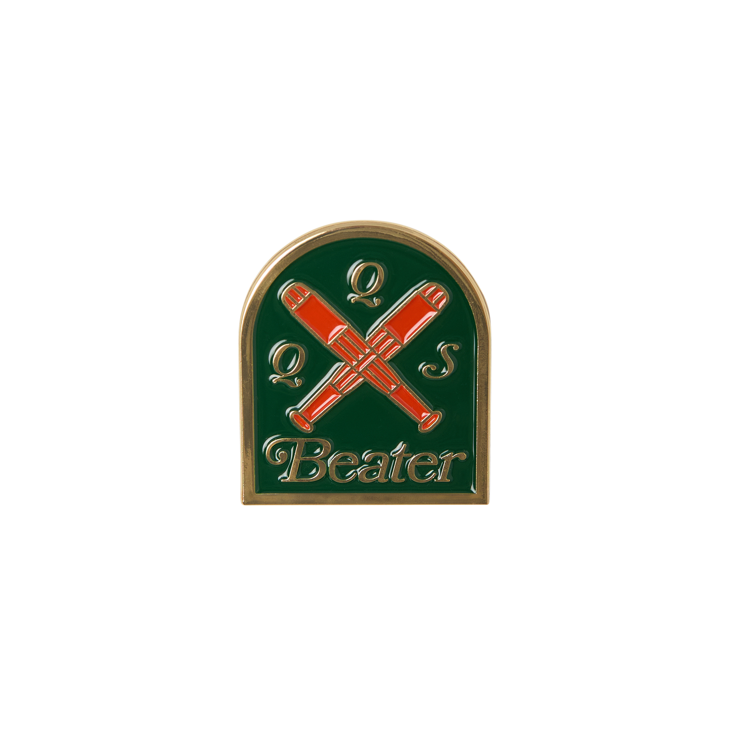 Pin with crossed red beater sticks on a green background