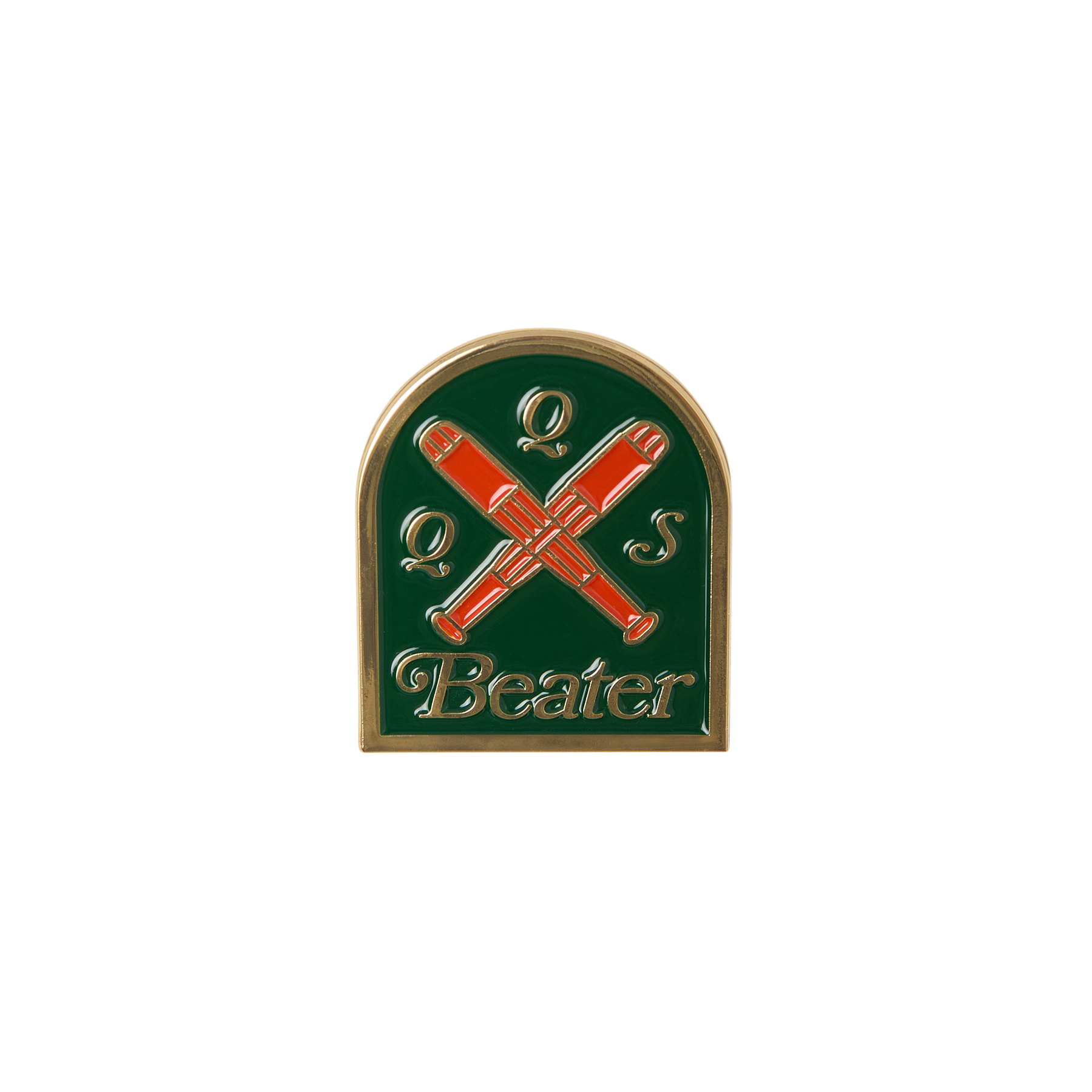 Pin with crossed red beater sticks on a green background