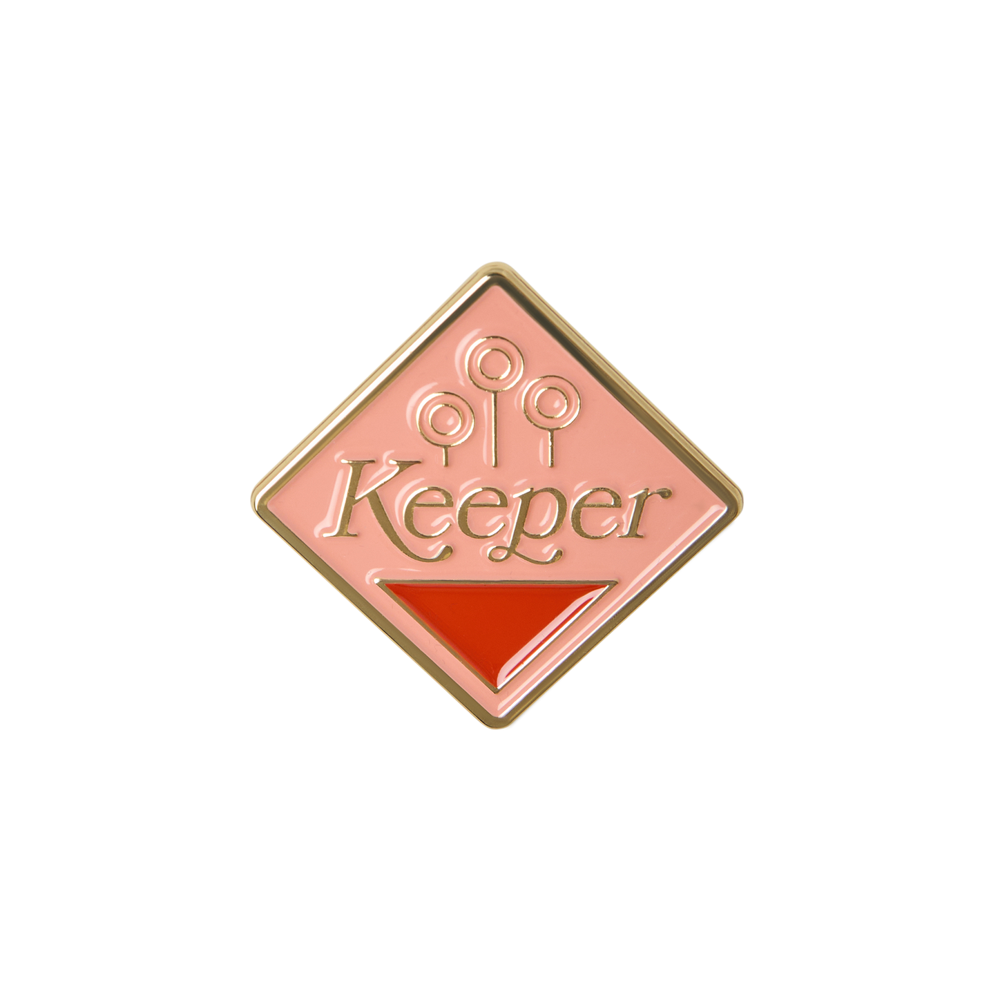 Diamond-shaped badge with 'Keeper' text and Quidditch goals on a pink background