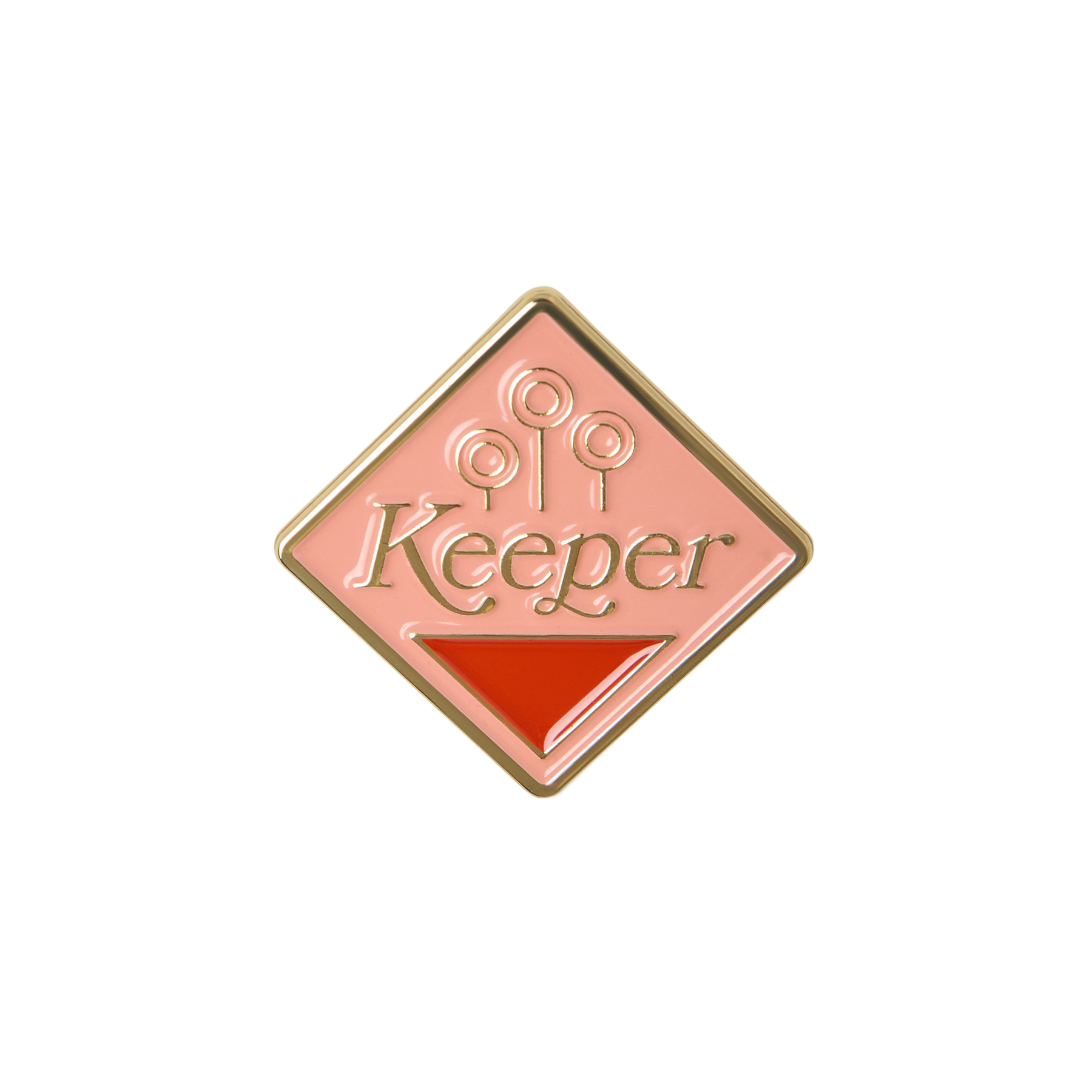 Diamond-shaped badge with 'Keeper' text and Quidditch goals on a pink background