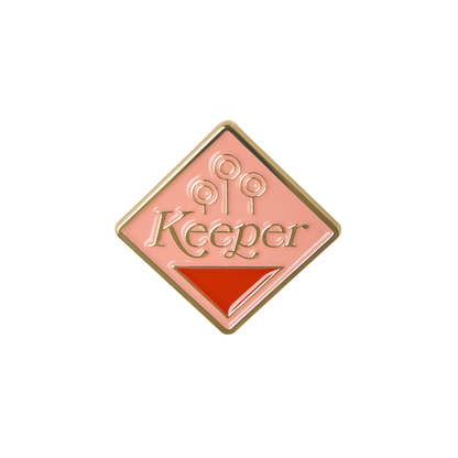Diamond-shaped badge with 'Keeper' text and Quidditch goals on a pink background