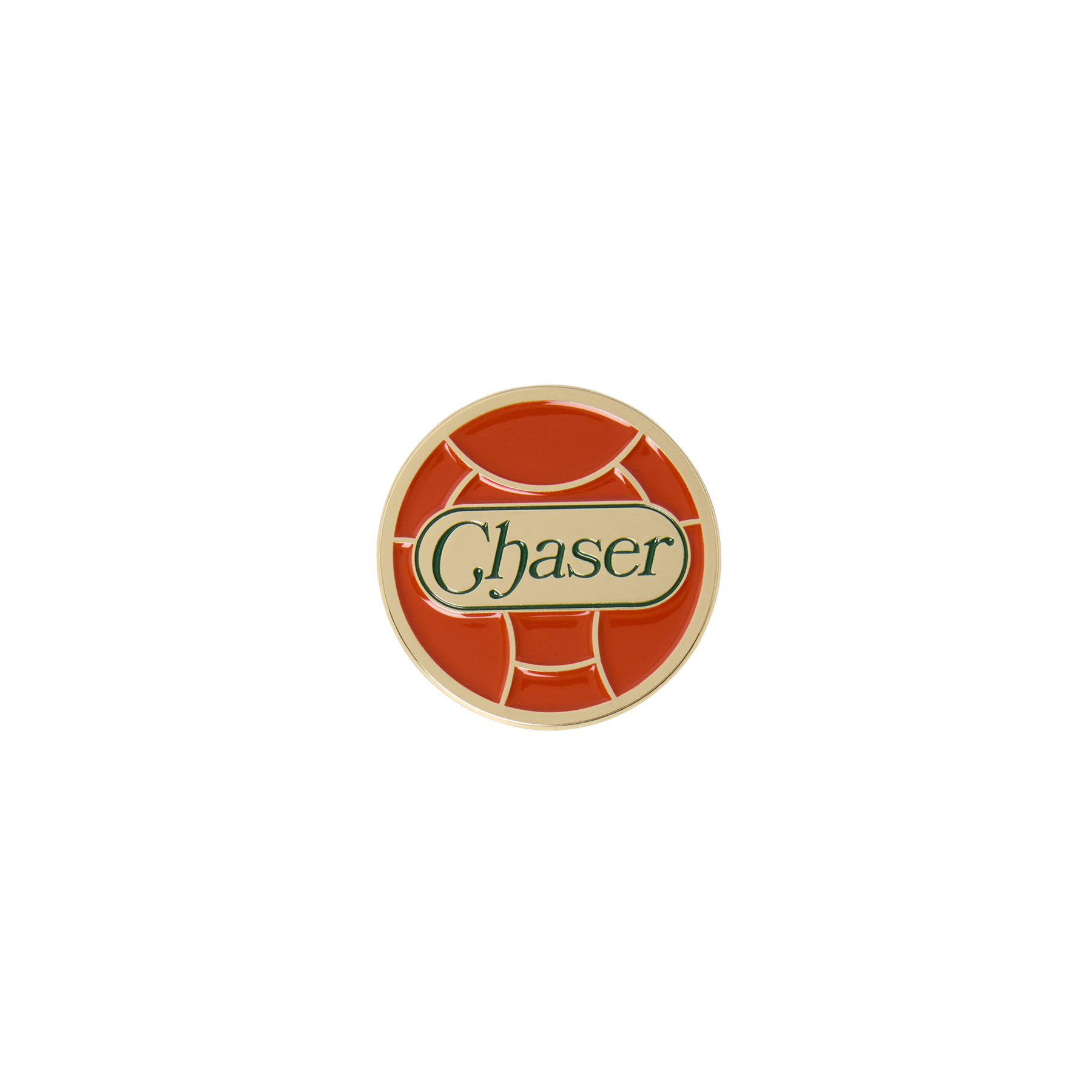 Round logo with 'Chaser' text on a Quidditch ball shaped pin