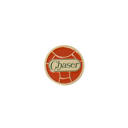 Round logo with 'Chaser' text on a Quidditch ball shaped pin