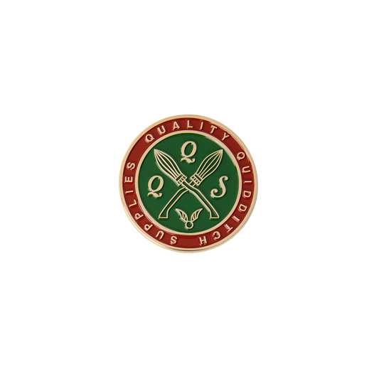 Circular logo with 'Quality Quidditch Supplies' text and a broom design on a green and red background