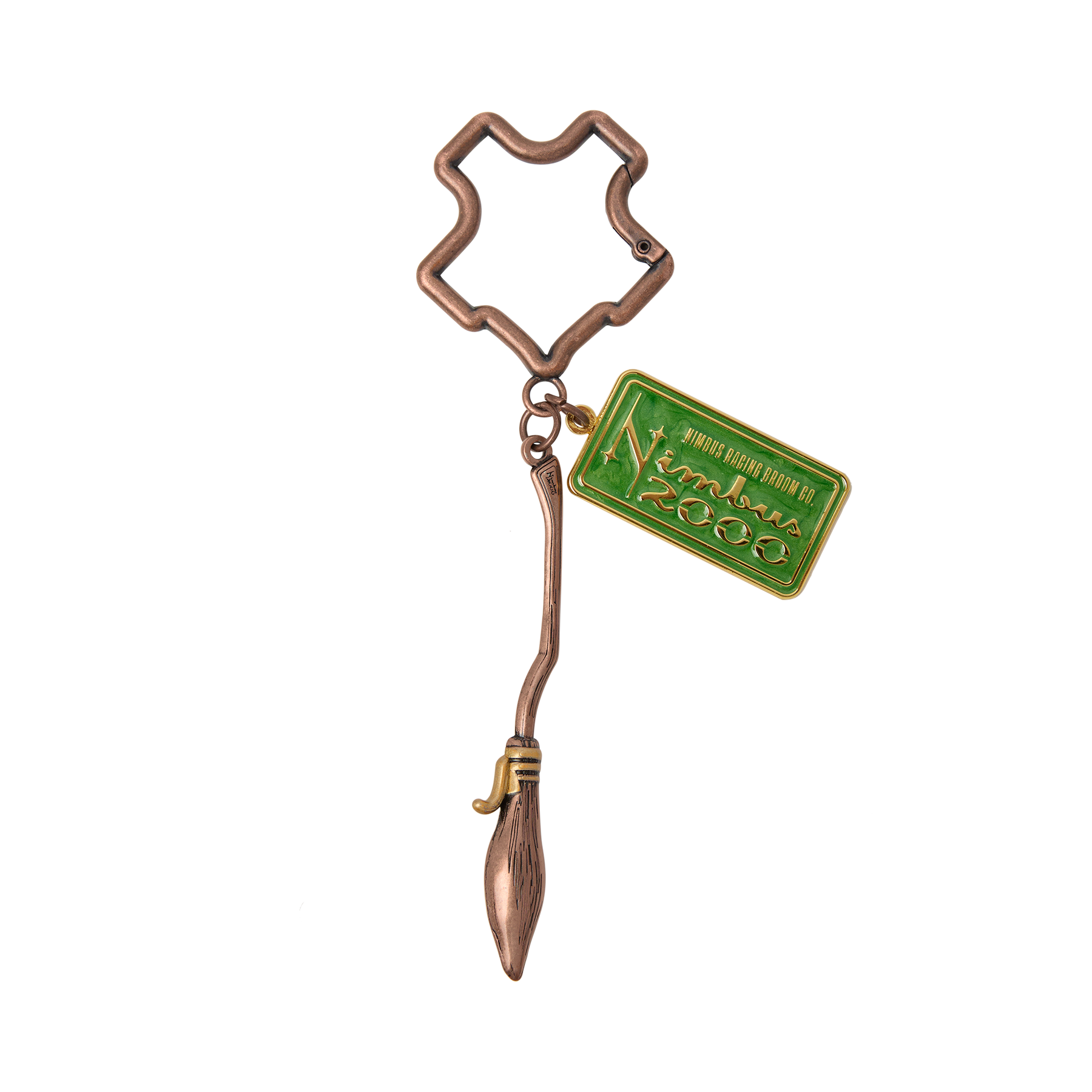 Bronze Nimbus 2000 keychain with a green tag on a white background
